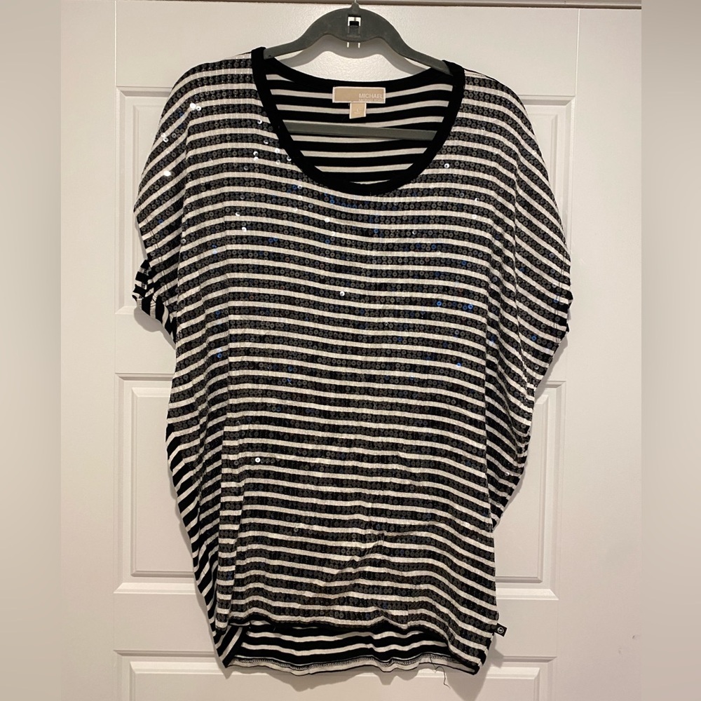 Michael Kors black and white strip sequin top. Size L